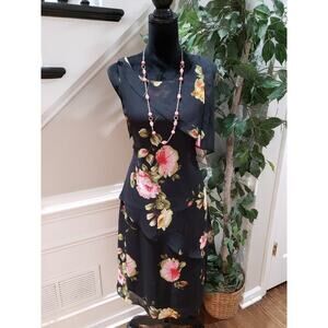 NWT Vintage Mary McFadden Black Chiffon Floral Polyester Tiered Slip Dress 10